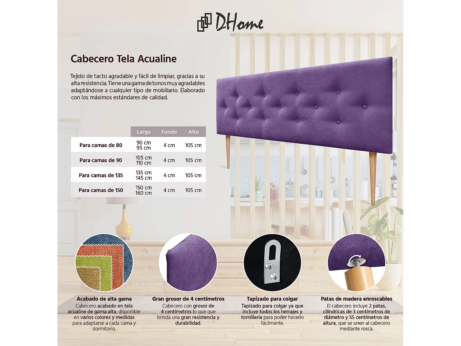 DHOME Tête de Lit en Tissu ACUALINE avec 3 Rangées Entrelacées de Boutons et Pieds Tête de Lit Capitonnée de Luxe(Lilas, 150cm)