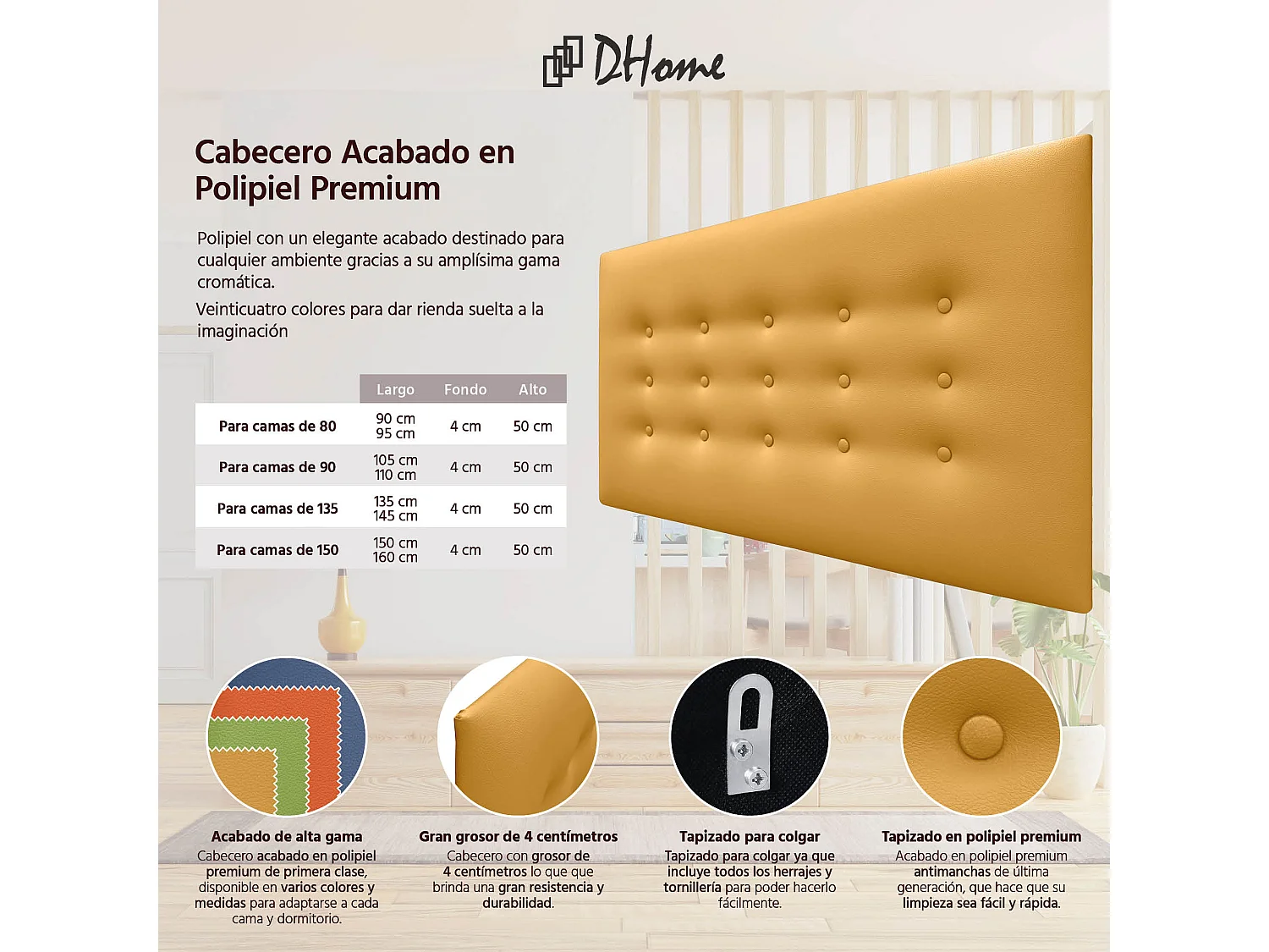 DHOME Cabeceira de Polipele com 3 Fileiras de Botões Cabeceira Estofada de Cama Luxuosa (Mostarda, 90cm)