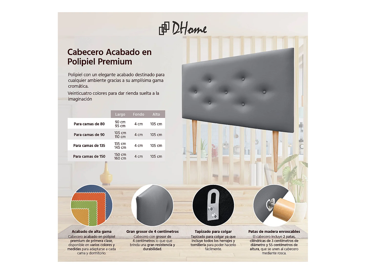 DHOME Tête de lit en simili cuir avec 3 rangées de boutons entrelacés Tête de lit rembourrée pour lit de luxe (Gris, 105cm)