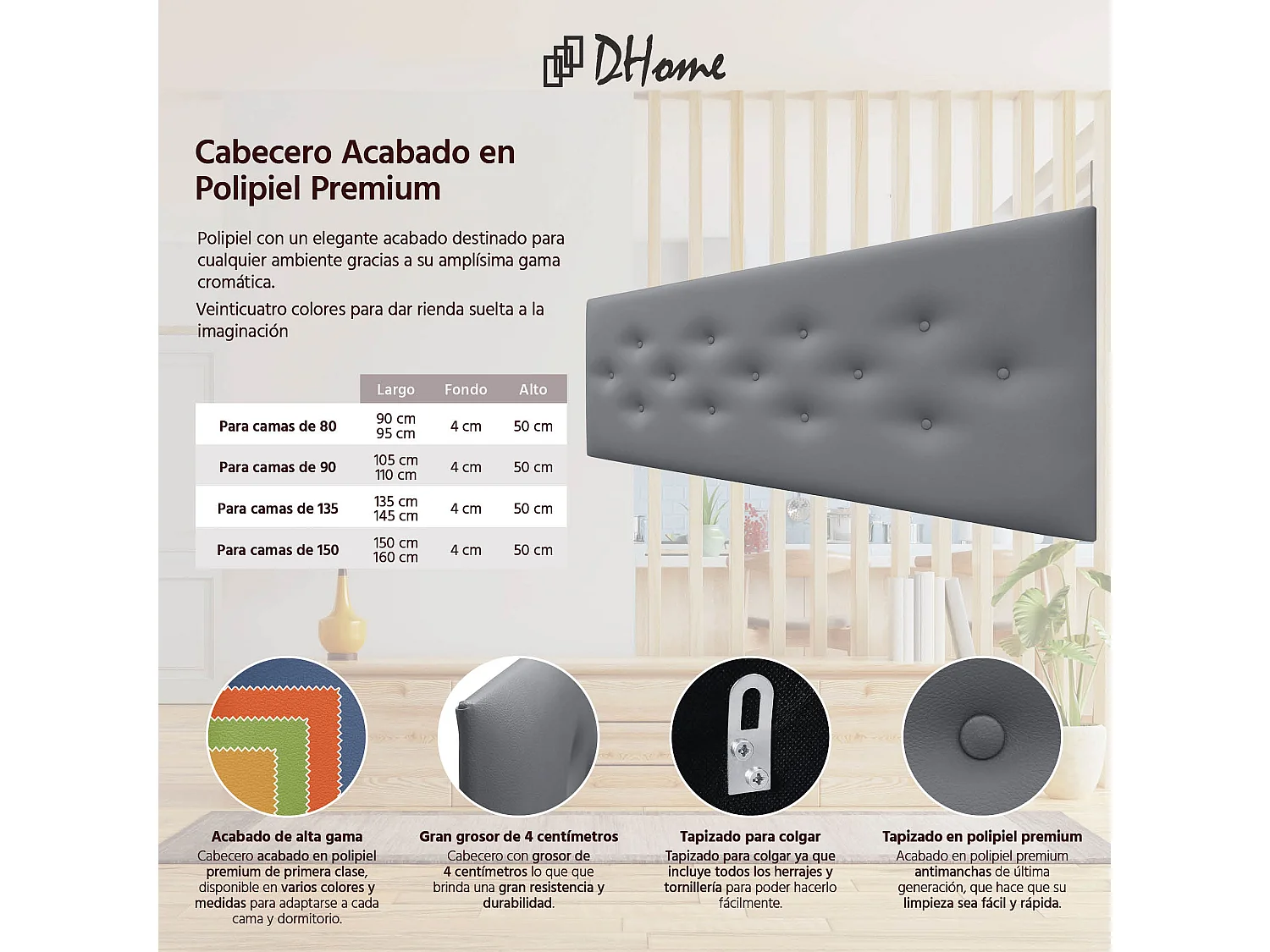 DHOME Tête de Lit en Similicuir avec 3 Rangées de Boutons Entrelacées Tête de Lit Rembourrée de Luxe (Gris, 145cm)