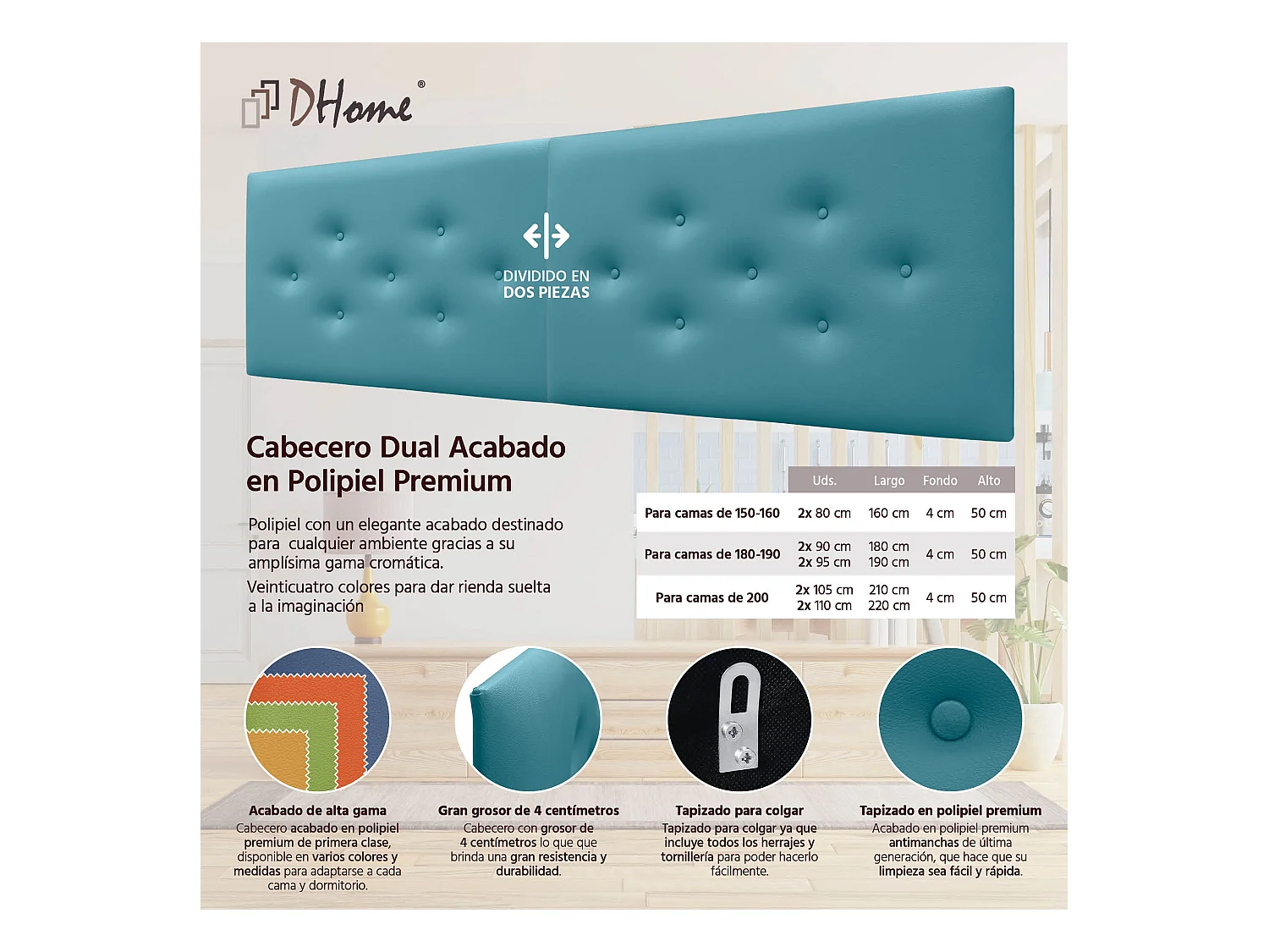 DHOME Tête de Lit en Similicuir avec 3 Rangées de Boutons Entrelacées Tête de Lit Rembourrée de Luxe (Turquoise, 210cm (2 pièces))