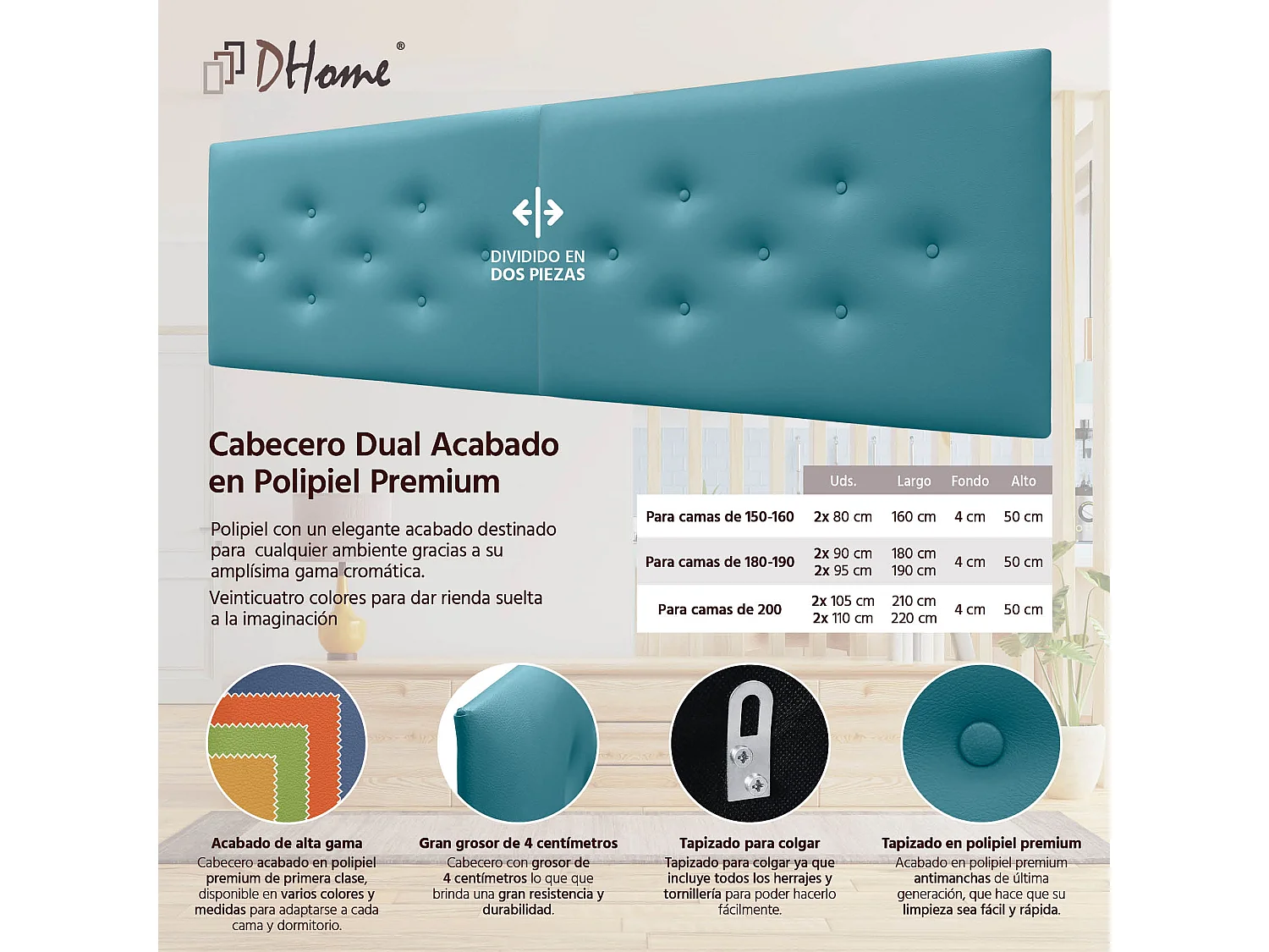 DHOME Tête de Lit en Similicuir avec 3 Rangées de Boutons Entrelacées Tête de Lit Rembourrée de Luxe (Turquoise, 210cm (2 pièces))