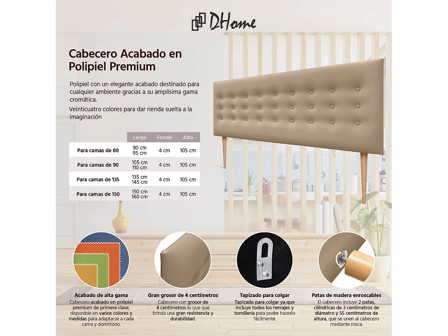 DHOME Testiera in ecopelle con 3 file di bottoni Testiera imbottita per letto di lusso (Marrone Chiaro, 160cm)