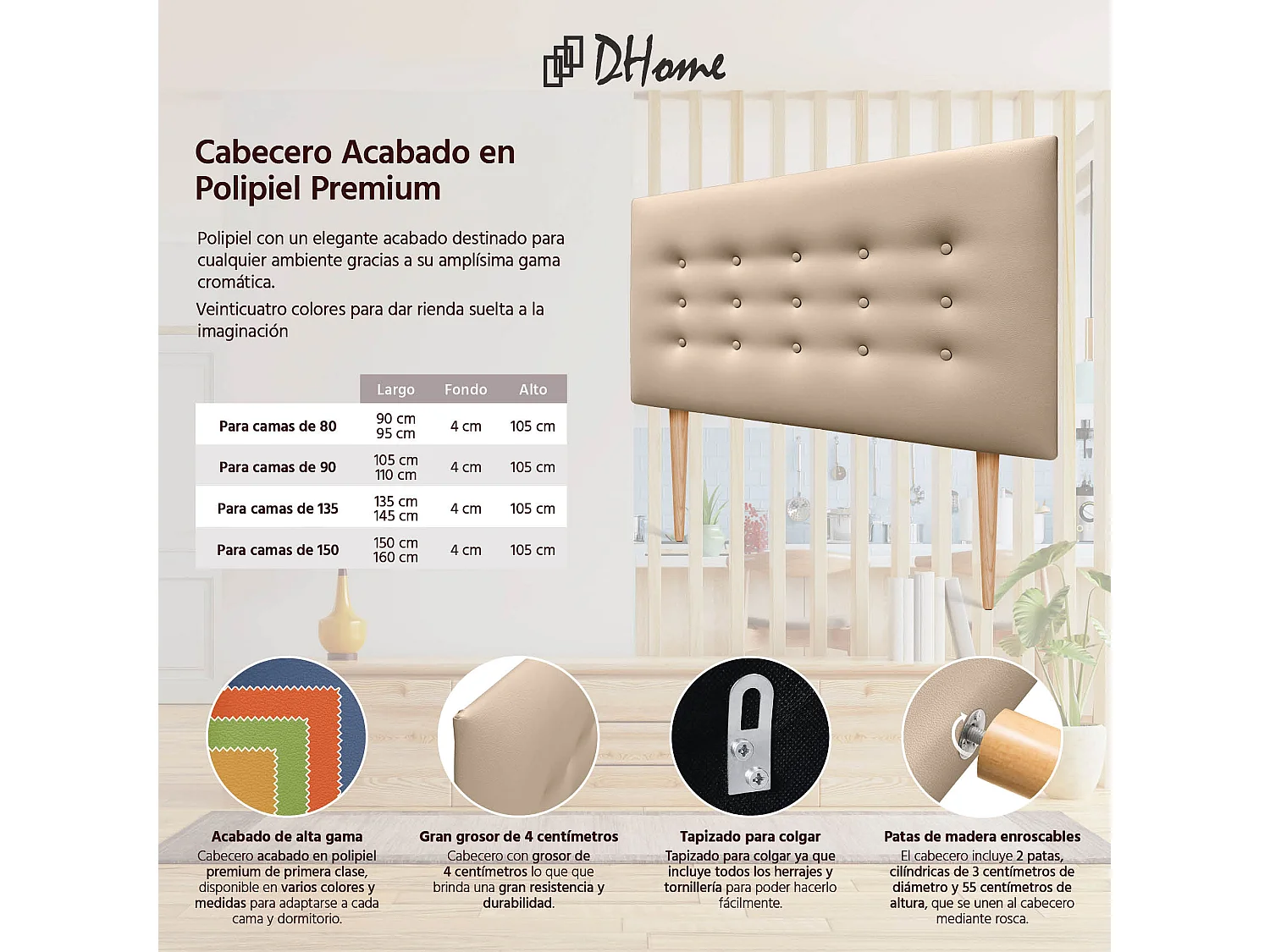 DHOME Tête de lit en simili cuir avec 3 rangées de boutons Tête de lit rembourrée pour lit de luxe (Champagne, 105cm)