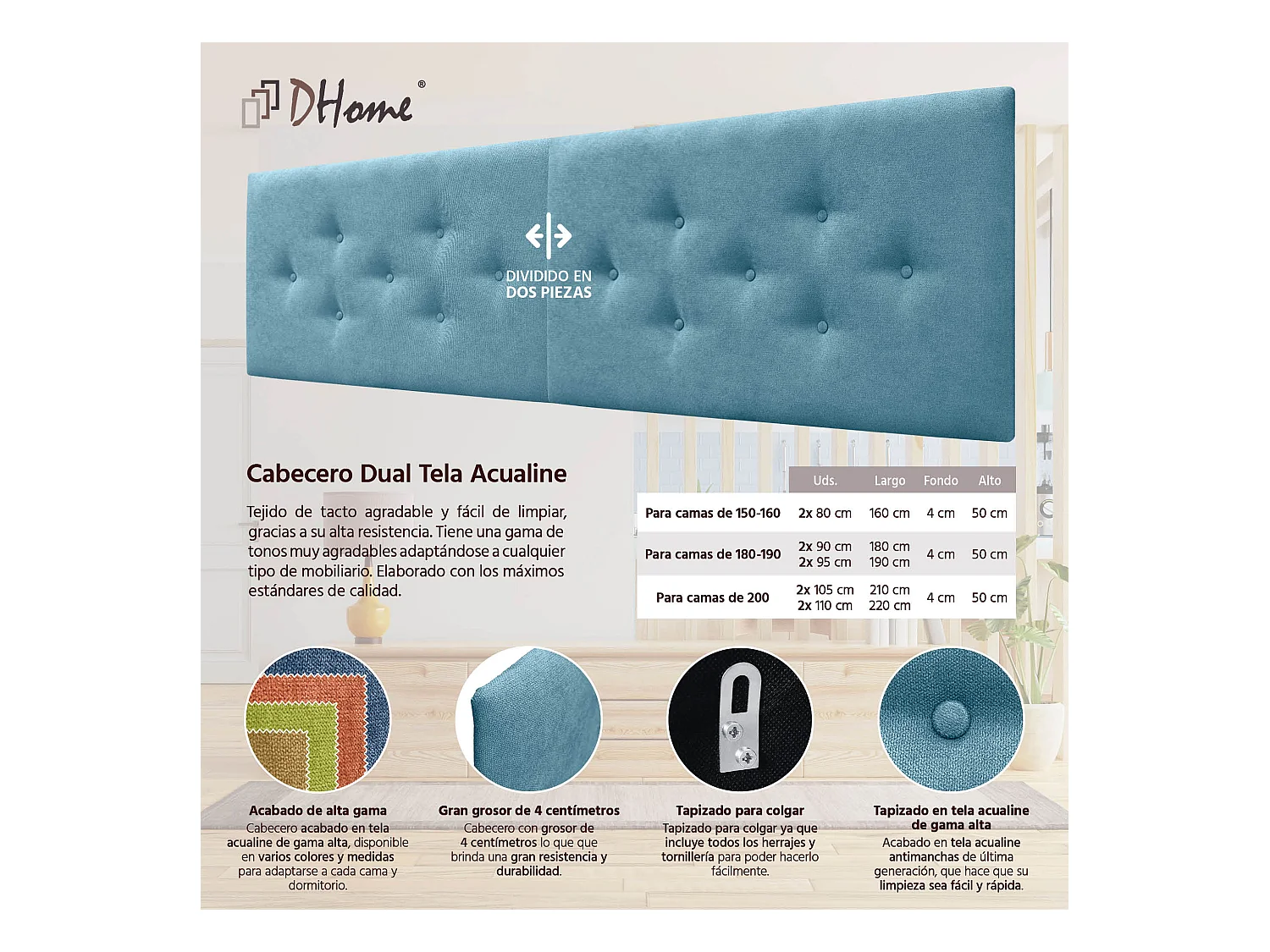 DHOME Tête de Lit en Tissu ACUALINE avec 3 Rangées Entrelacées de Boutons Tête de Lit Capitonnée de Luxe(Turquoise, 190cm (2 pièces))