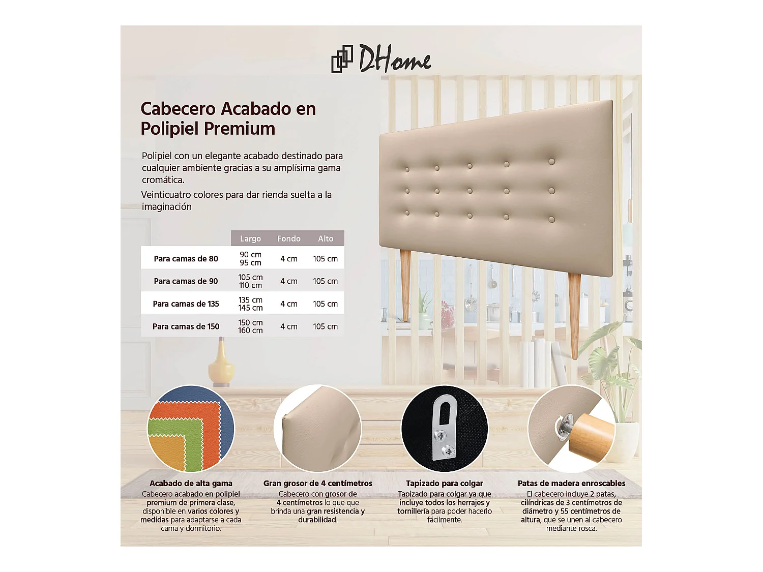 DHOME Testiera in ecopelle con 3 file di bottoni Testiera imbottita per letto di lusso (Beige, 90cm)