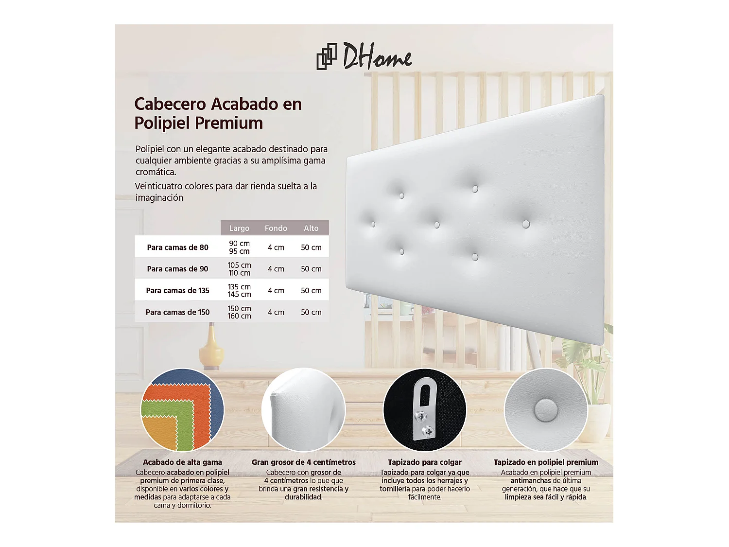 DHOME Tête de Lit en Similicuir avec 3 Rangées de Boutons Entrelacées Tête de Lit Rembourrée de Luxe (Blanc, 95cm)