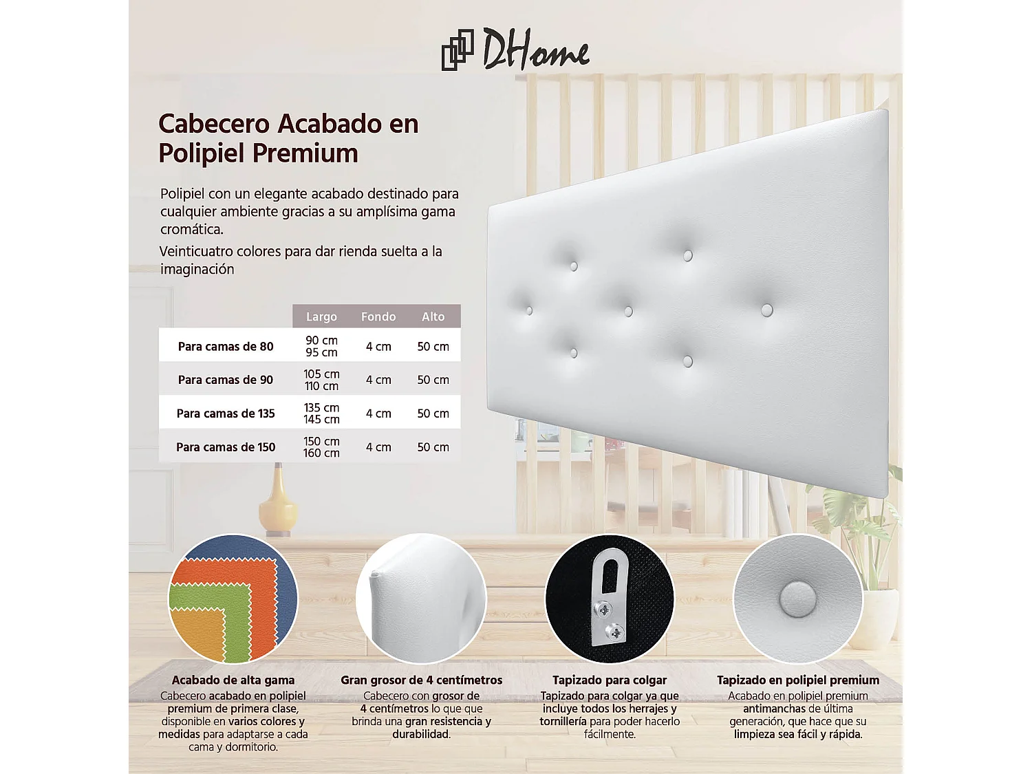 DHOME Tête de Lit en Similicuir avec 3 Rangées de Boutons Entrelacées Tête de Lit Rembourrée de Luxe (Blanc, 95cm)