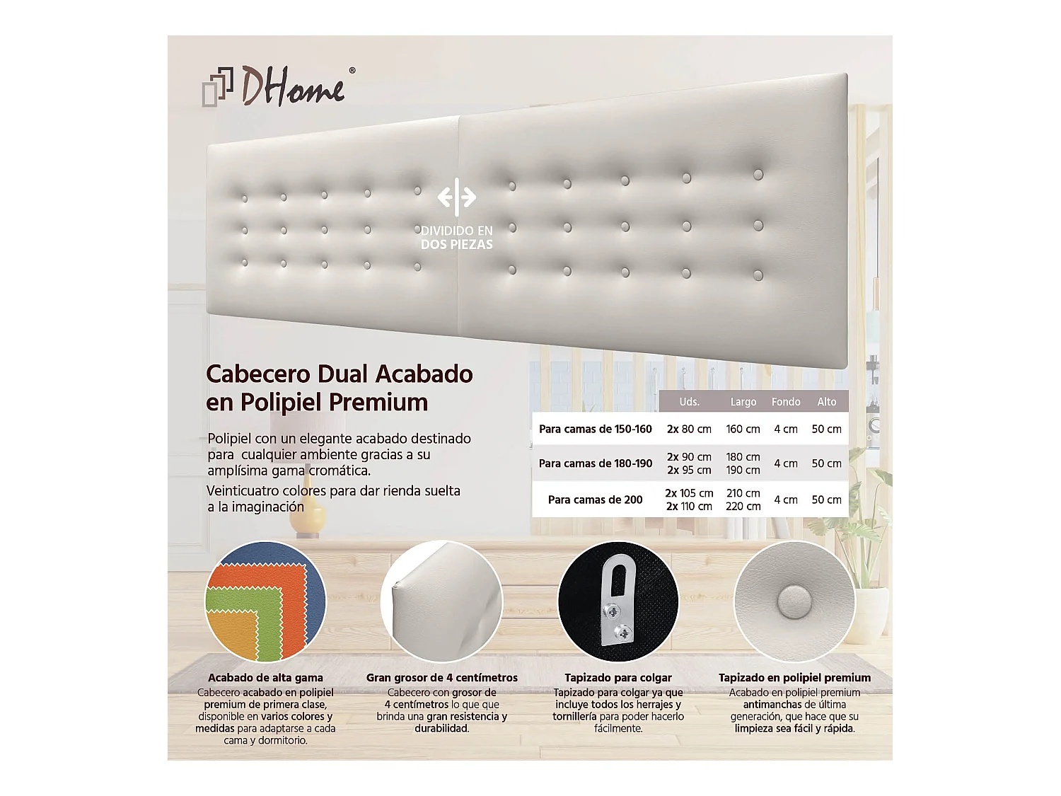 DHOME Kopfteil de Kunstleder mit 3 Knopfreihen gepolstertes luxuriöses Bettkopfteil (Blanco Hueso, 210cm (2 piezas))