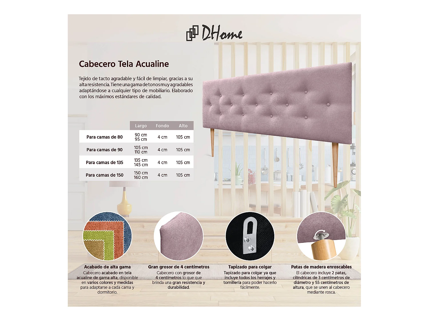 DHOME Tête de Lit en Tissu ACUALINE avec 3 Rangées Entrelacées de Boutons et Pieds Tête de Lit Capitonnée de Luxe(Rose, 150cm)