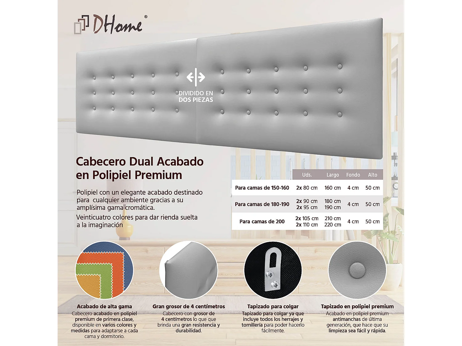 DHOME Kopfteil de Kunstleder mit 3 Knopfreihen gepolstertes luxuriöses Bettkopfteil (Gris Claro, 160cm (2piezas))