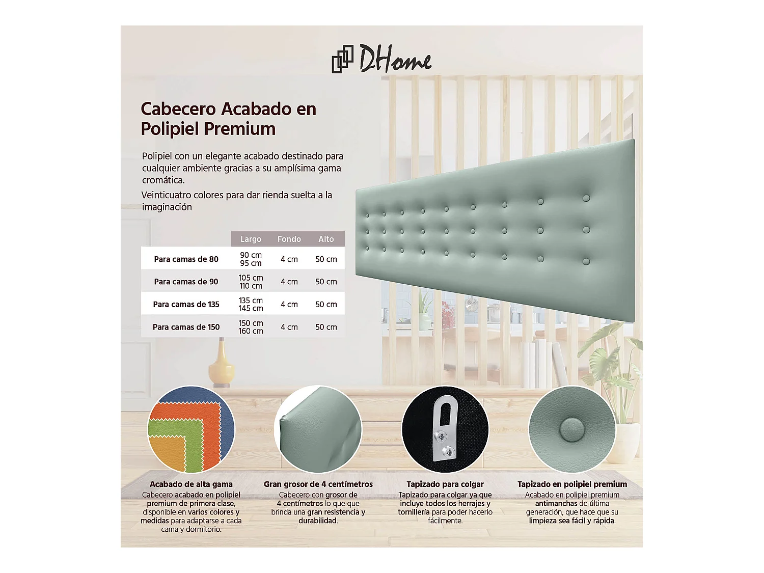 DHOME Kopfteil de Kunstleder mit 3 Knopfreihen gepolstertes luxuriöses Bettkopfteil (Verde Agua, 145cm)