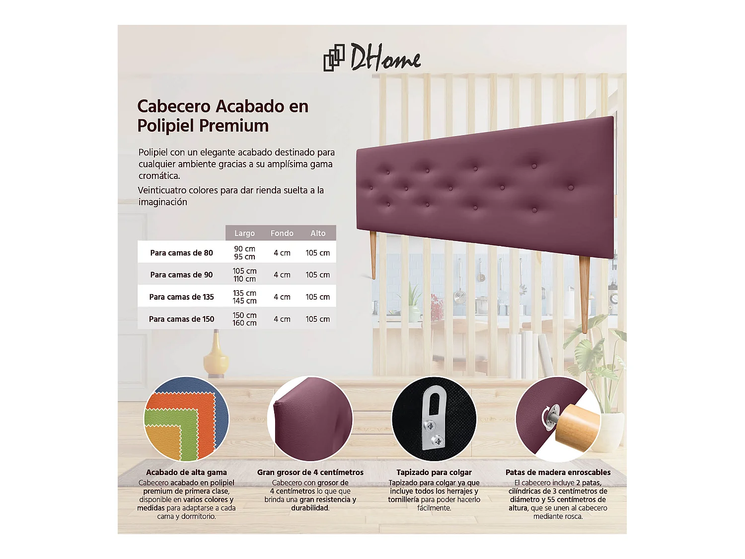 DHOME Tête de lit en simili cuir avec 3 rangées de boutons entrelacés Tête de lit rembourrée pour lit de luxe (Bordeaux, 145cm)