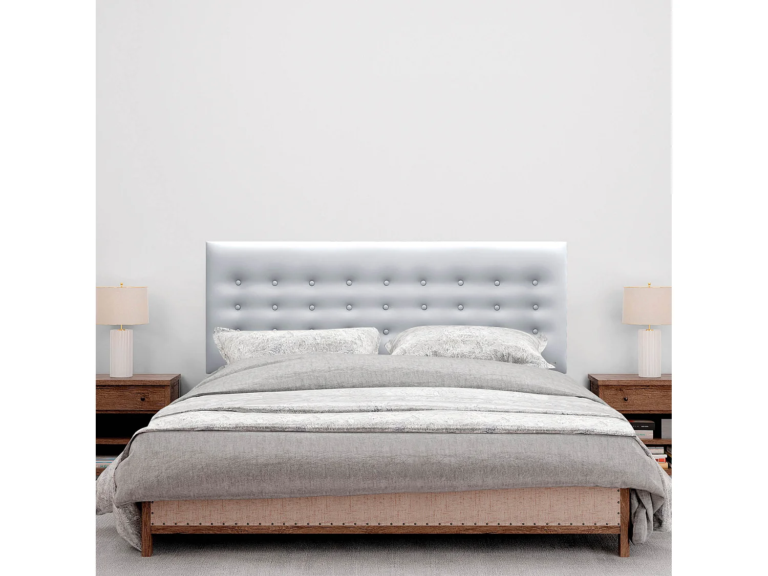 DHOME Testiera in ecopelle con 3 file di bottoni Testiera imbottita per letto di lusso (Argento, 135cm)