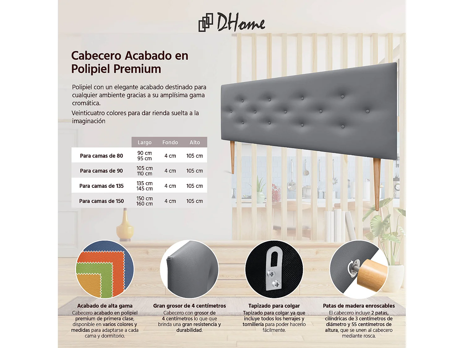 DHOME Tête de lit en simili cuir avec 3 rangées de boutons entrelacés Tête de lit rembourrée pour lit de luxe (Gris, 135cm)