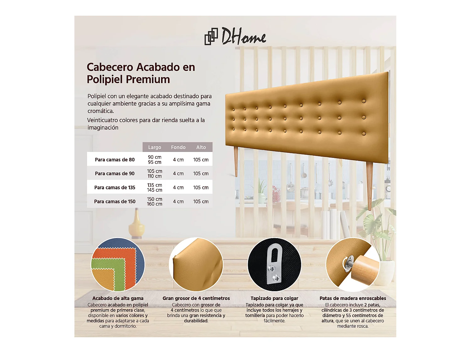 DHOME Testiera in ecopelle con 3 file di bottoni Testiera imbottita per letto di lusso (Dorato, 160cm)