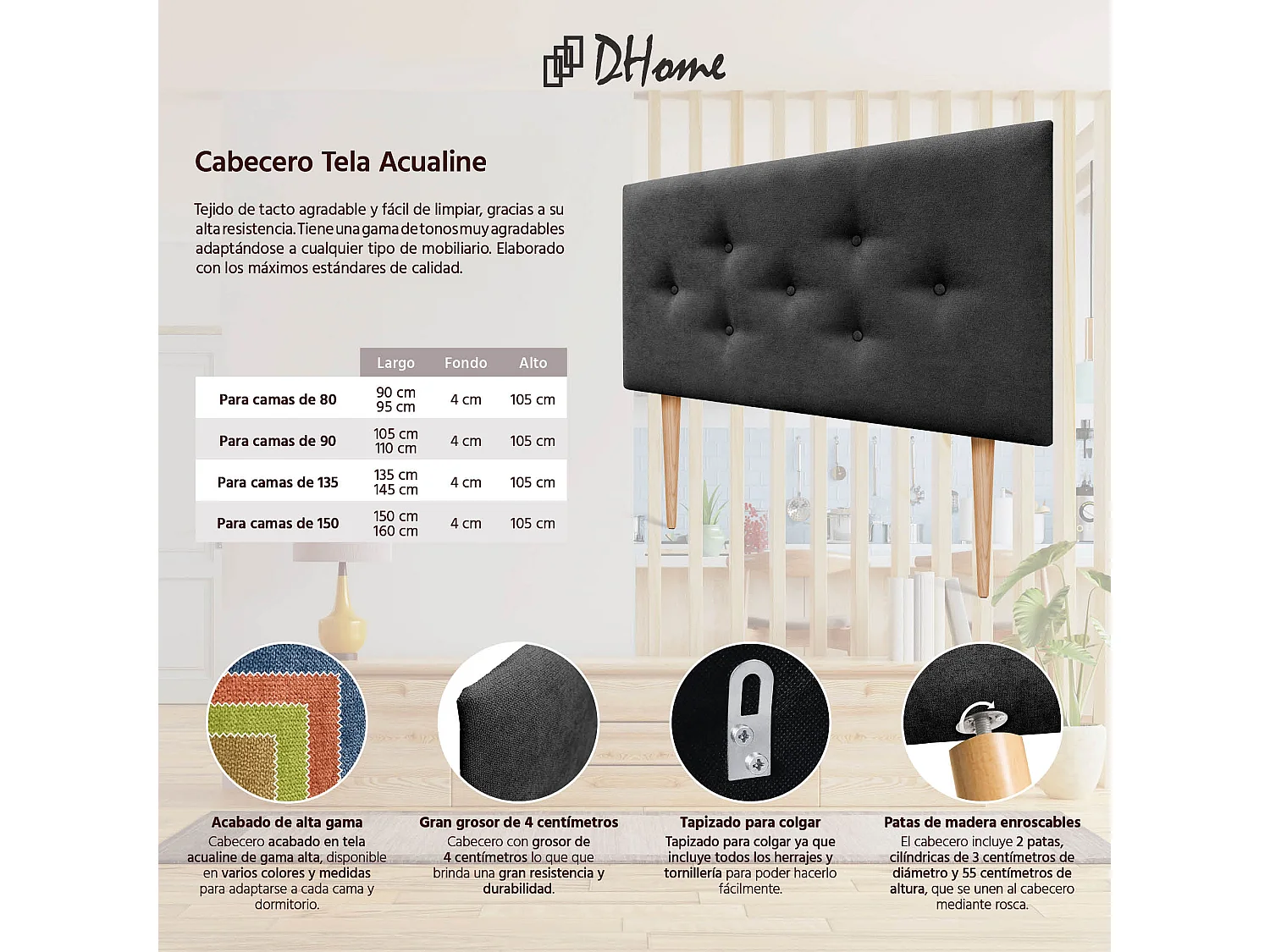 DHOME Tête de Lit en Tissu ACUALINE avec 3 Rangées Entrelacées de Boutons et Pieds Tête de Lit Capitonnée de Luxe(Noir, 95cm)