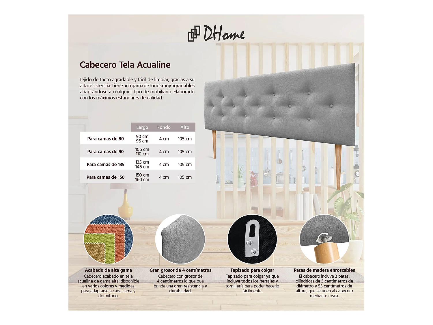 DHOME Tête de Lit en Tissu ACUALINE avec 3 Rangées Entrelacées de Boutons et Pieds Tête de Lit Capitonnée de Luxe(Gris, 145cm)