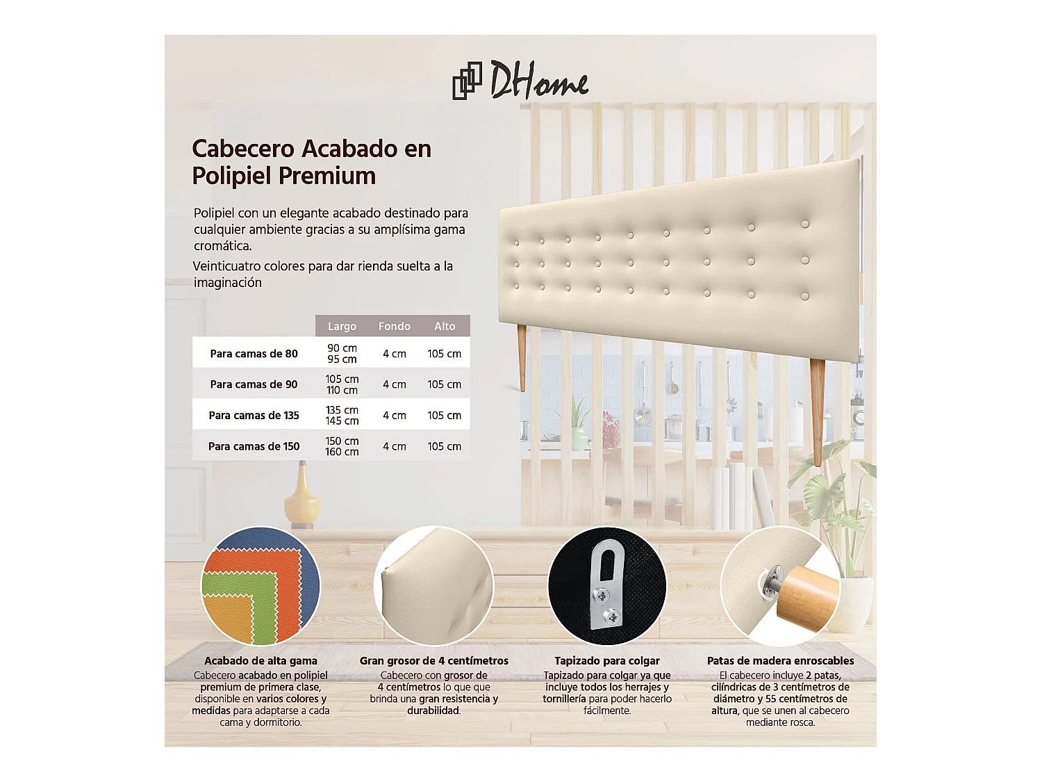 DHOME Testiera in ecopelle con 3 file di bottoni Testiera imbottita per letto di lusso (Vaniglia, 150cm)