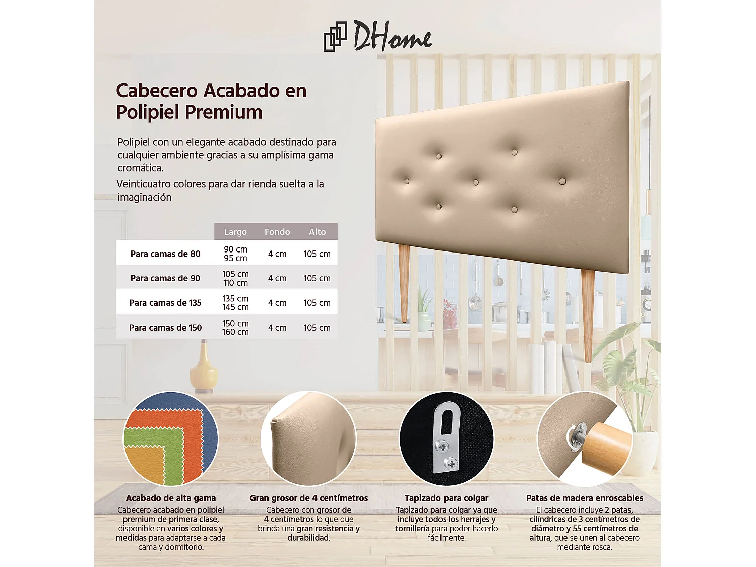 DHOME Cabeceira em couro sintético com 3 fileiras de botões entrelaçados Cabeceira estofada para cama de luxo (Champanhe, 110cm)