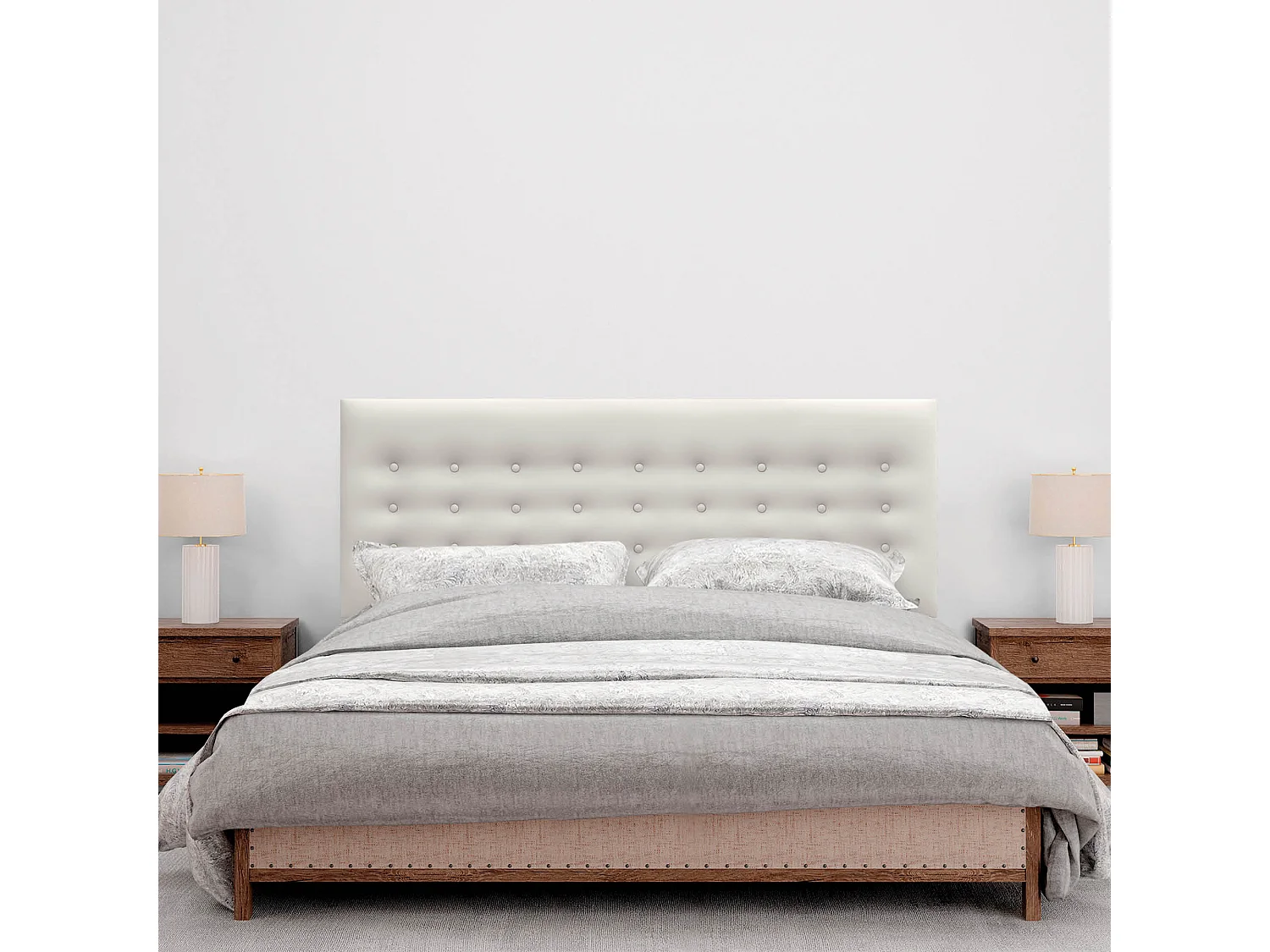 DHOME Kopfteil de Kunstleder mit 3 Knopfreihen und Beinen gepolstertes luxuriöses Bettkopfteil (Blanco Hueso, 135cm)