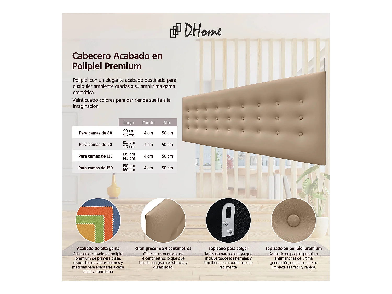 DHOME Kopfteil de Kunstleder mit 3 Knopfreihen gepolstertes luxuriöses Bettkopfteil (Marrón Claro, 150cm)