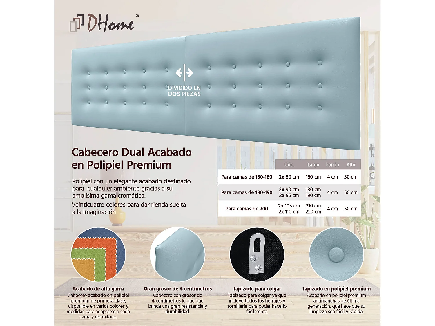 DHOME Tête de Lit en Similicuir avec 3 Rangées de Boutons Tête de Lit Rembourrée de Luxe (Bleu Ciel, 210cm (2 pièces))