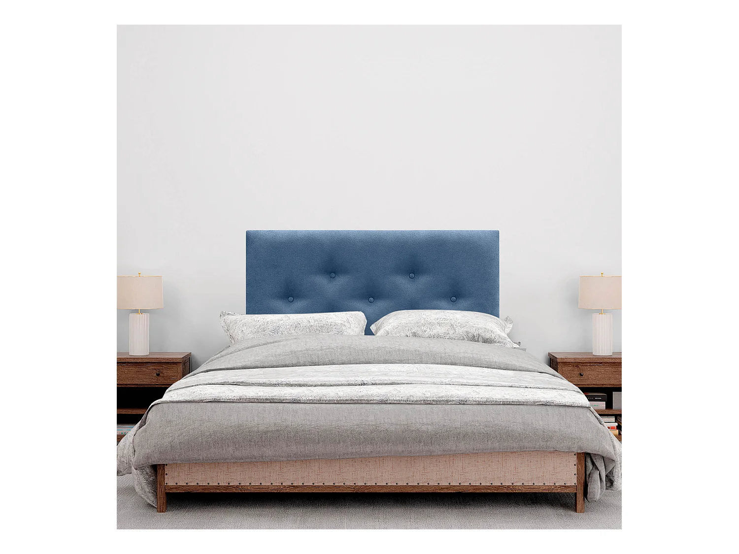 DHOME Tête de Lit en Tissu ACUALINE avec 3 Rangées Entrelacées de Boutons et Pieds Tête de Lit Capitonnée de Luxe(Bleu, 95cm)