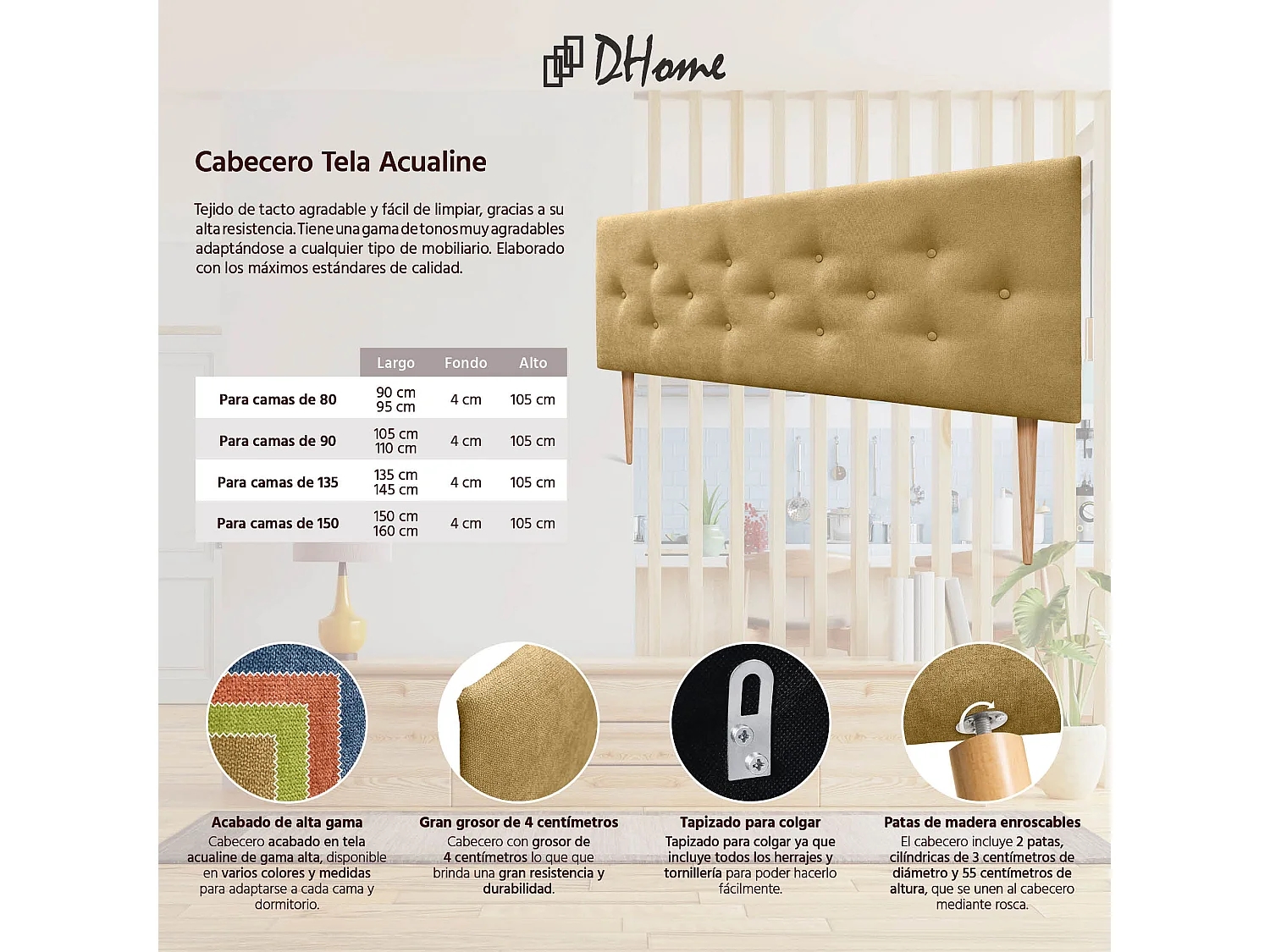 DHOME Tête de Lit en Tissu ACUALINE avec 3 Rangées Entrelacées de Boutons et Pieds Tête de Lit Capitonnée de Luxe(Moutarde, 135cm)