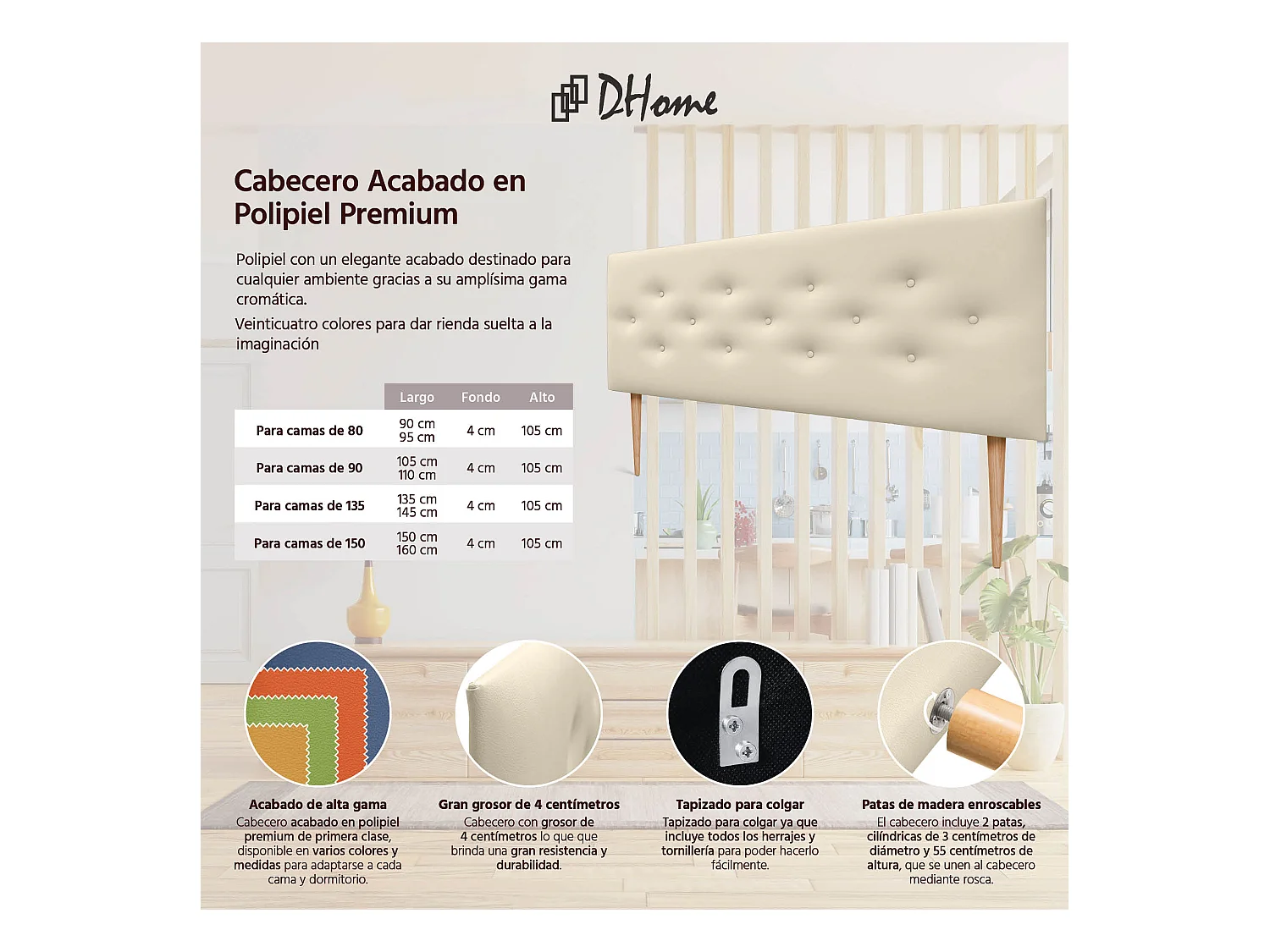 DHOME Tête de lit en simili cuir avec 3 rangées de boutons entrelacés Tête de lit rembourrée pour lit de luxe (Vanille, 135cm)