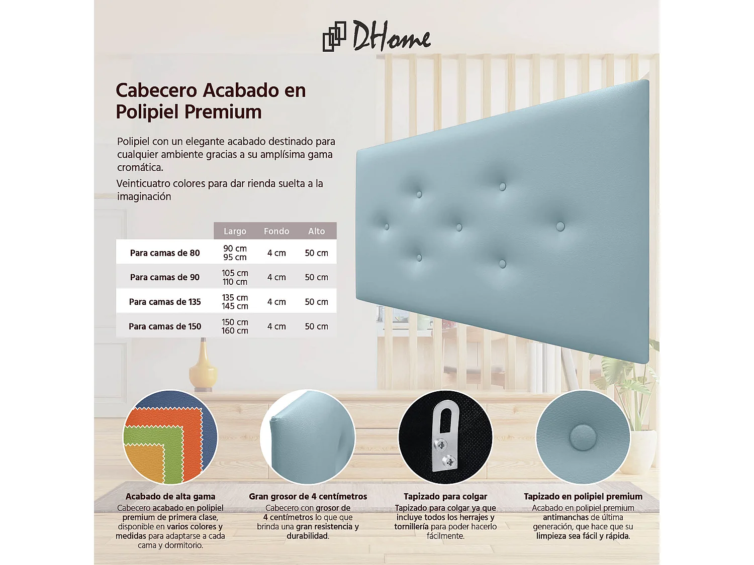 DHOME Tête de Lit en Similicuir avec 3 Rangées de Boutons Entrelacées Tête de Lit Rembourrée de Luxe (Bleu Ciel, 110cm)