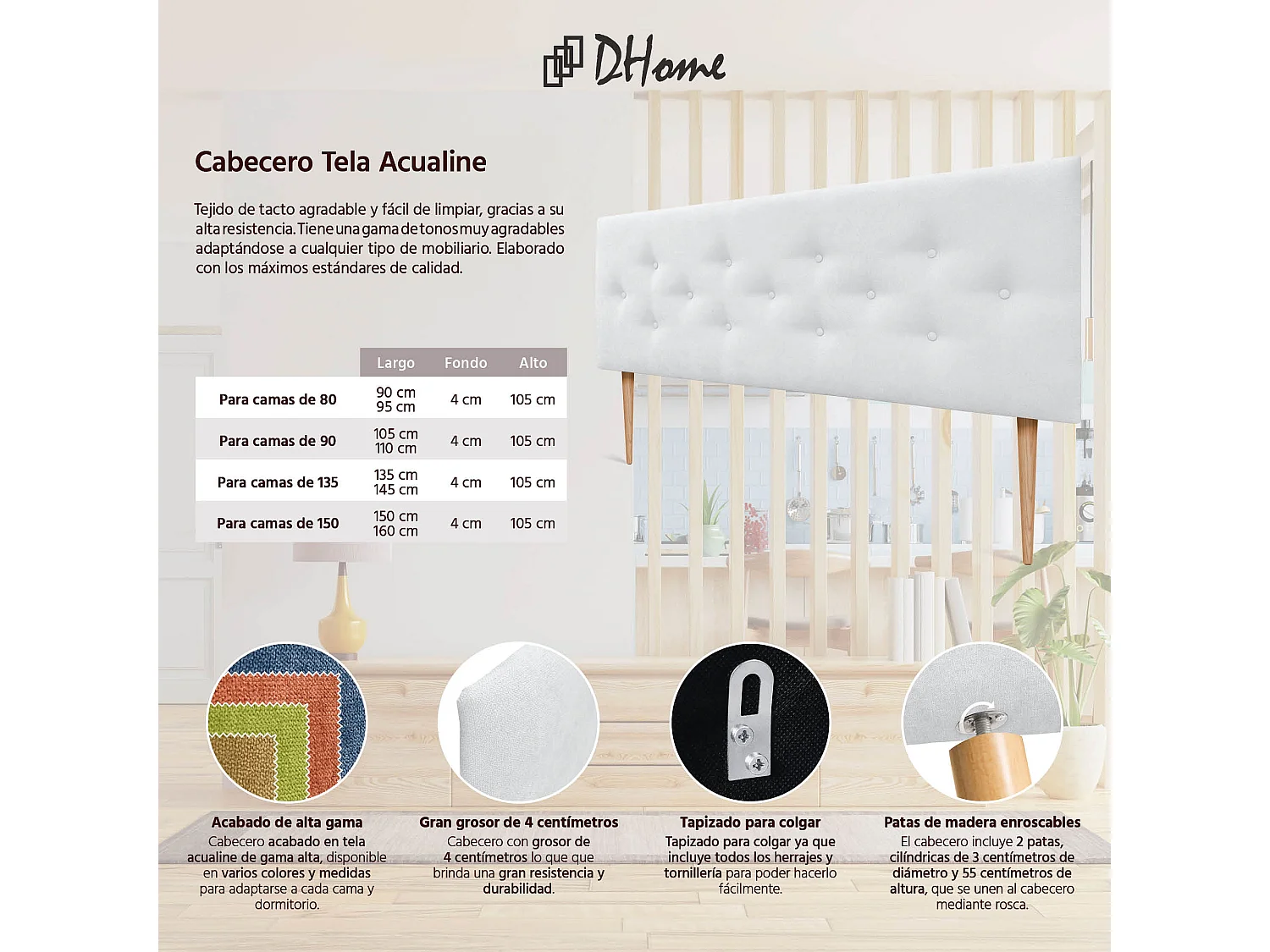 DHOME Tête de Lit en Tissu ACUALINE avec 3 Rangées Entrelacées de Boutons et Pieds Tête de Lit Capitonnée de Luxe(Blanc, 135cm)