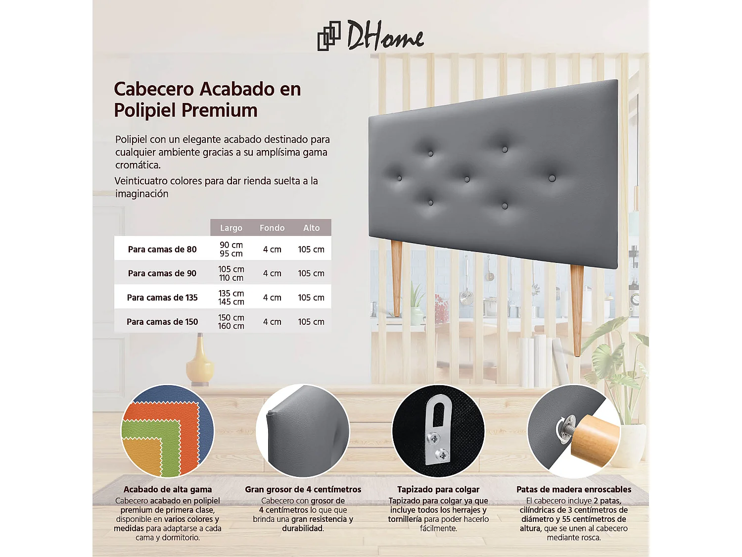 DHOME Tête de lit en simili cuir avec 3 rangées de boutons entrelacés Tête de lit rembourrée pour lit de luxe (Gris, 95cm)