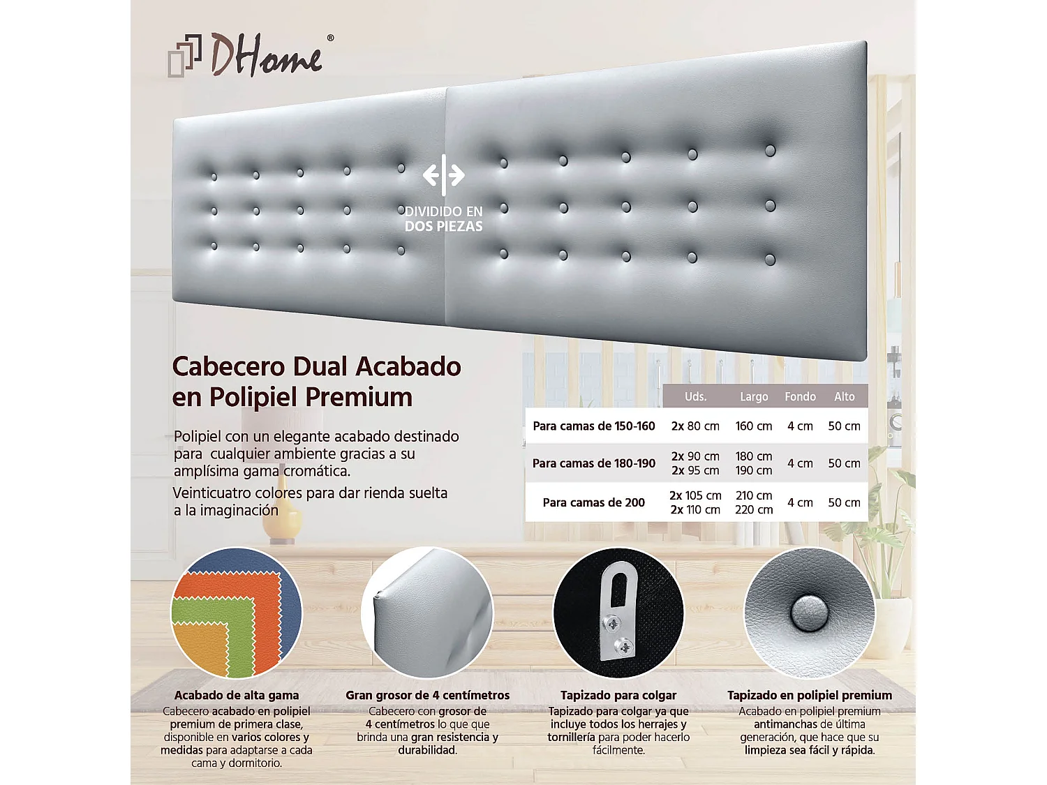 DHOME Tête de Lit en Similicuir avec 3 Rangées de Boutons Tête de Lit Rembourrée de Luxe (Argent, 160cm (2 pièces))