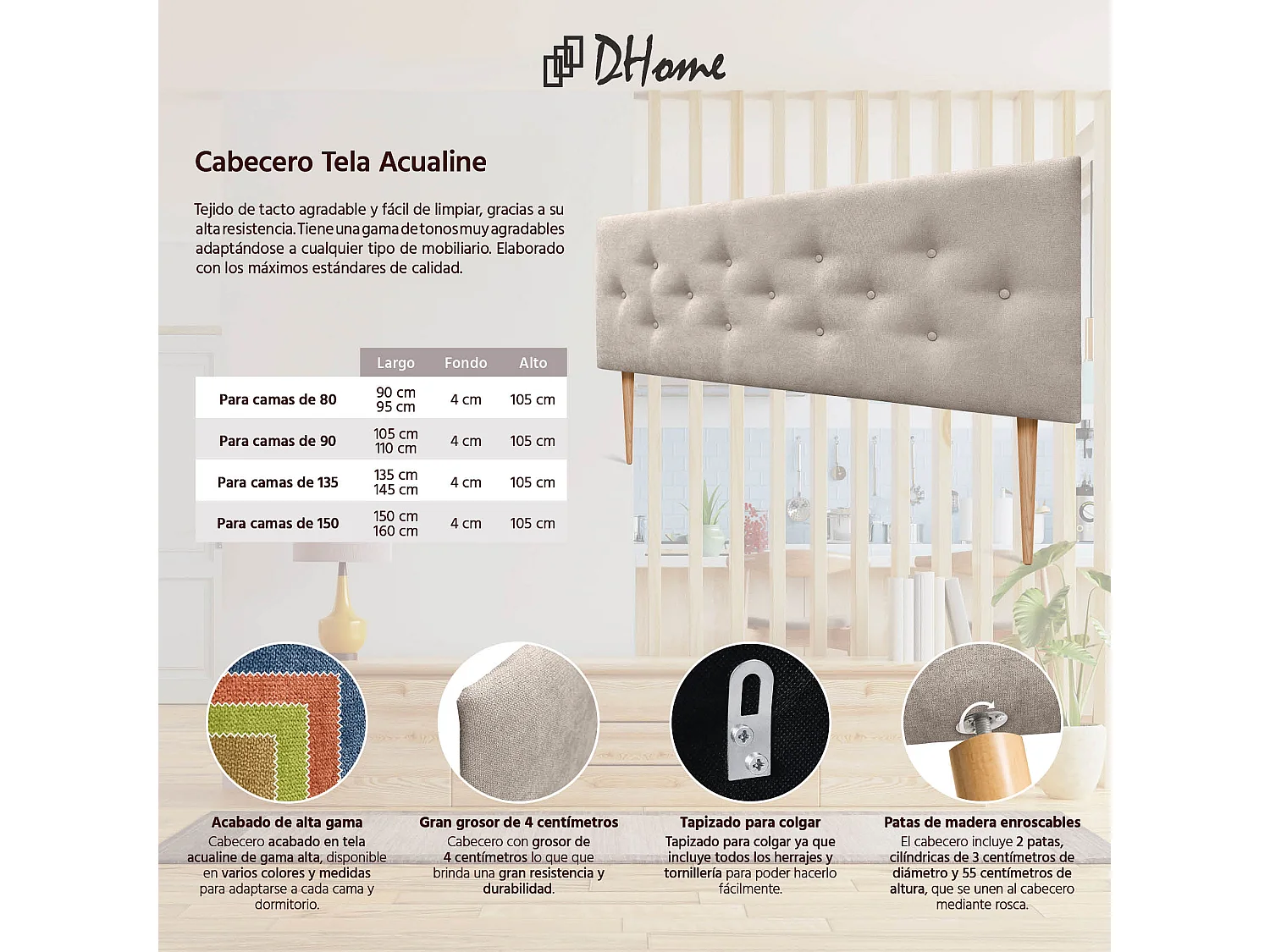 DHOME Tête de Lit en Tissu ACUALINE avec 3 Rangées Entrelacées de Boutons et Pieds Tête de Lit Capitonnée de Luxe(Beige, 145cm)