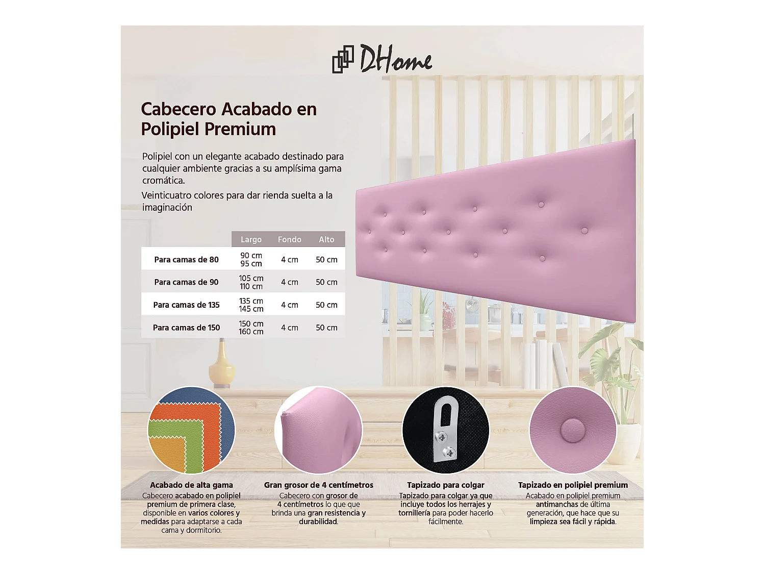 DHOME Tête de Lit en Similicuir avec 3 Rangées de Boutons Entrelacées Tête de Lit Rembourrée de Luxe (Rose, 150cm)