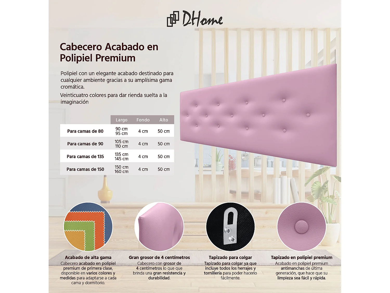 DHOME Tête de Lit en Similicuir avec 3 Rangées de Boutons Entrelacées Tête de Lit Rembourrée de Luxe (Rose, 150cm)