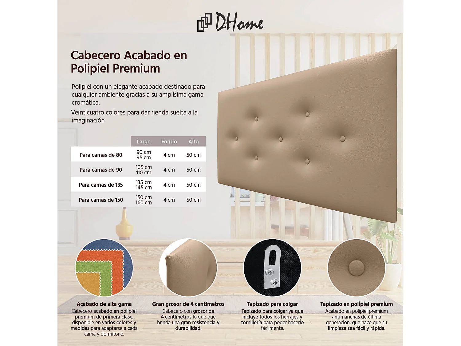 DHOME Tête de Lit en Similicuir avec 3 Rangées de Boutons Entrelacées Tête de Lit Rembourrée de Luxe (Marron Clair, 95cm)