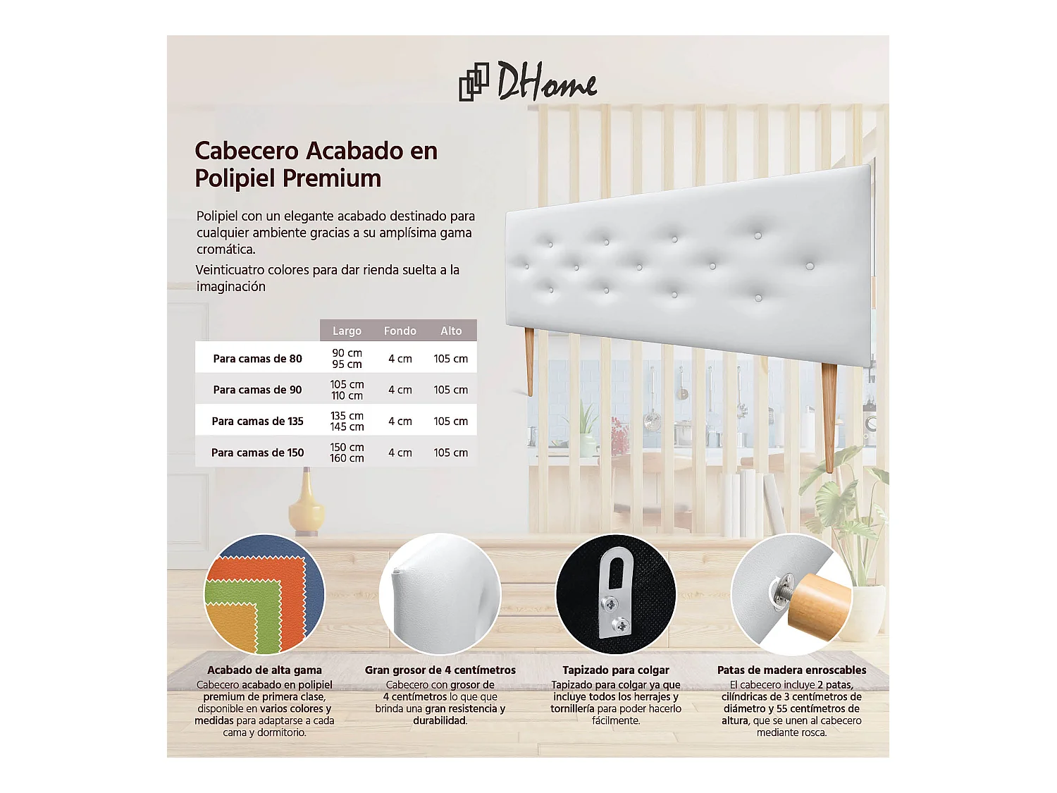 DHOME Tête de lit en simili cuir avec 3 rangées de boutons entrelacés Tête de lit rembourrée pour lit de luxe (Blanc, 160cm)