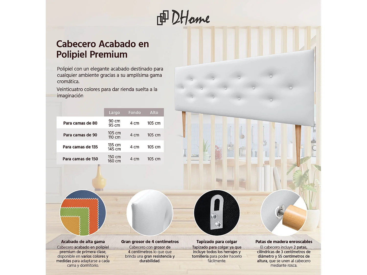 DHOME Testiera in ecopelle con 3 file di bottoni intrecciati Testiera imbottita per letto di lusso (Bianco, 160cm)