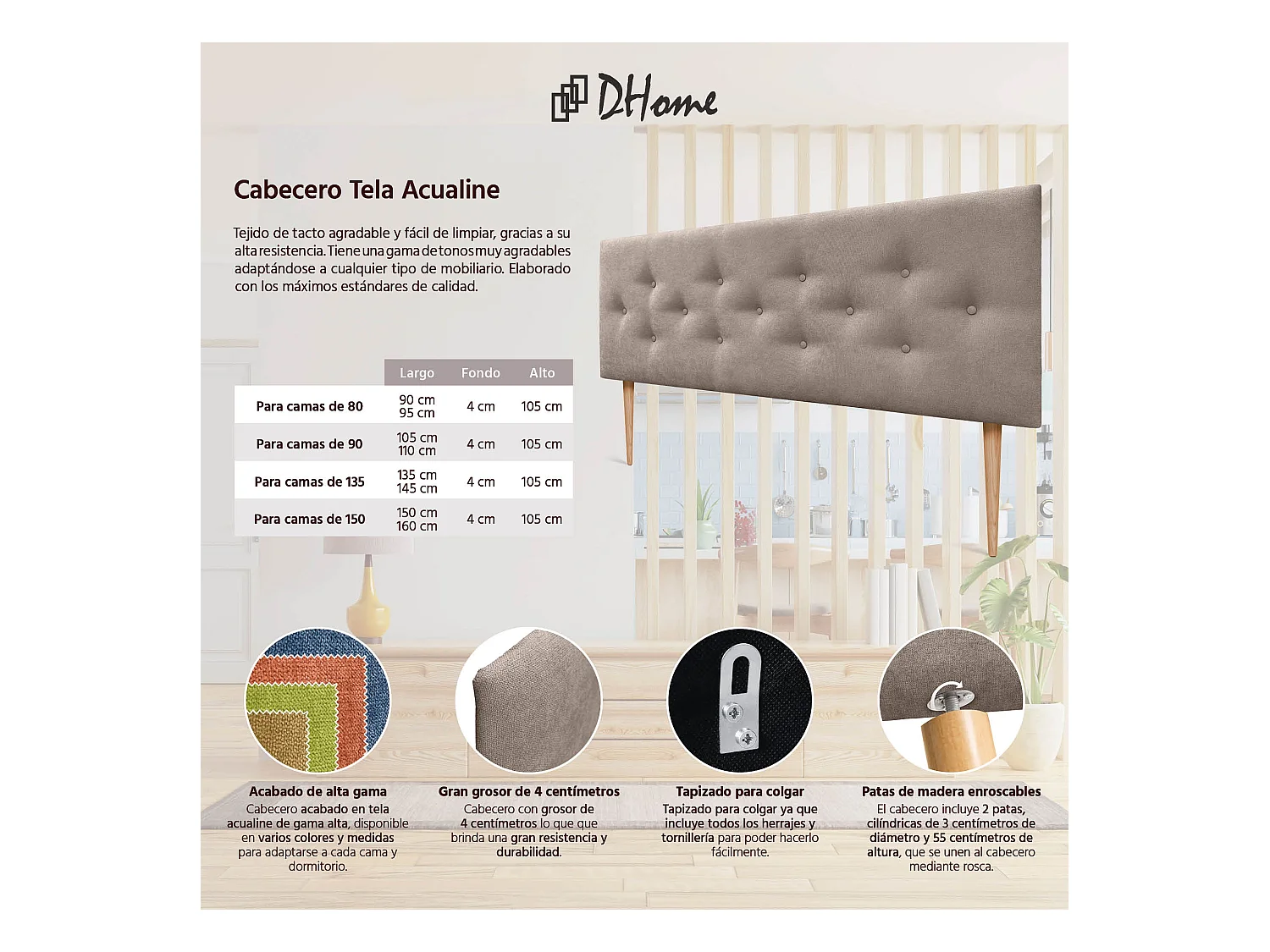 DHOME Tête de Lit en Tissu ACUALINE avec 3 Rangées Entrelacées de Boutons et Pieds Tête de Lit Capitonnée de Luxe(Tierra, 135cm)