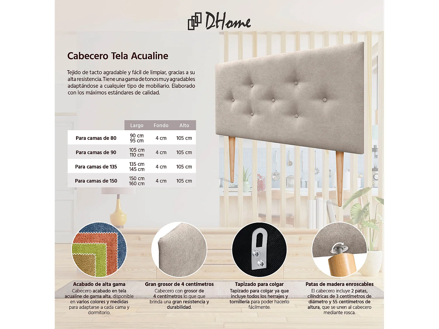 DHOME Tête de Lit en Tissu ACUALINE avec 3 Rangées Entrelacées de Boutons et Pieds Tête de Lit Capitonnée de Luxe(Beige, 110cm)