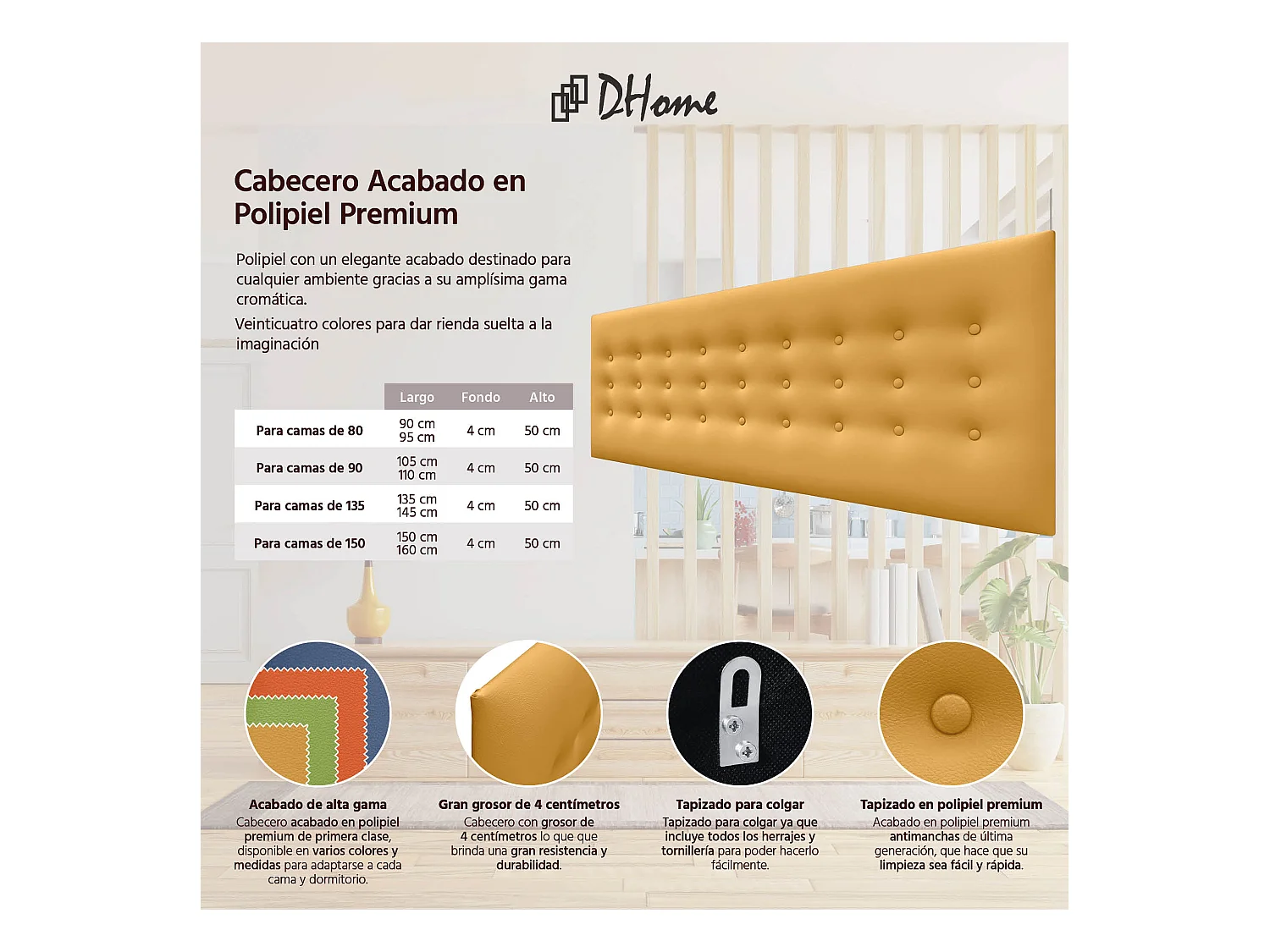 DHOME Kopfteil de Kunstleder mit 3 Knopfreihen gepolstertes luxuriöses Bettkopfteil (Mostaza, 145cm)