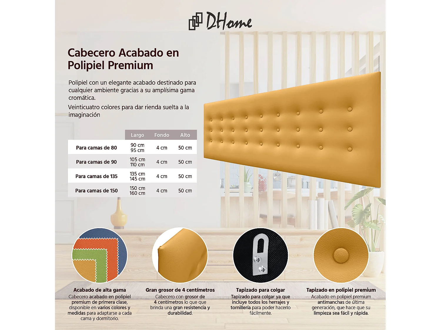 DHOME Hoofdbord de kunstleer met 3 rijen knopen gepolsterd luxe hoofdbord voor bed (Mostaza, 145cm)