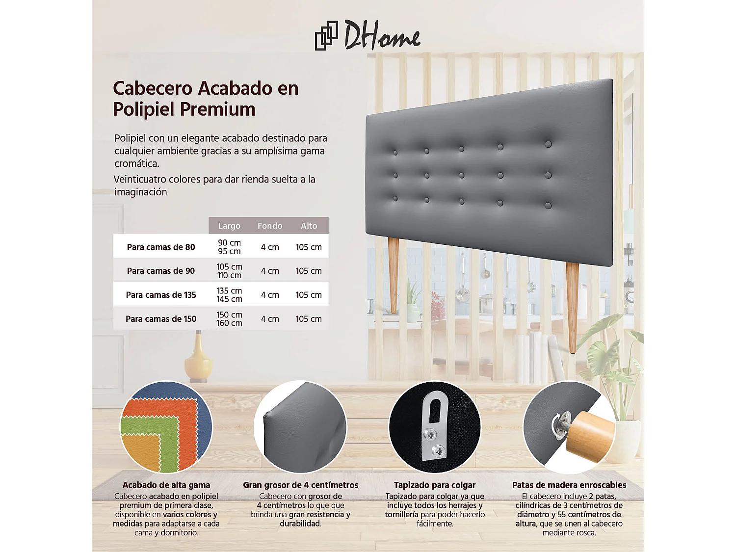 DHOME Testiera in ecopelle con 3 file di bottoni Testiera imbottita per letto di lusso (Grigio, 110cm)