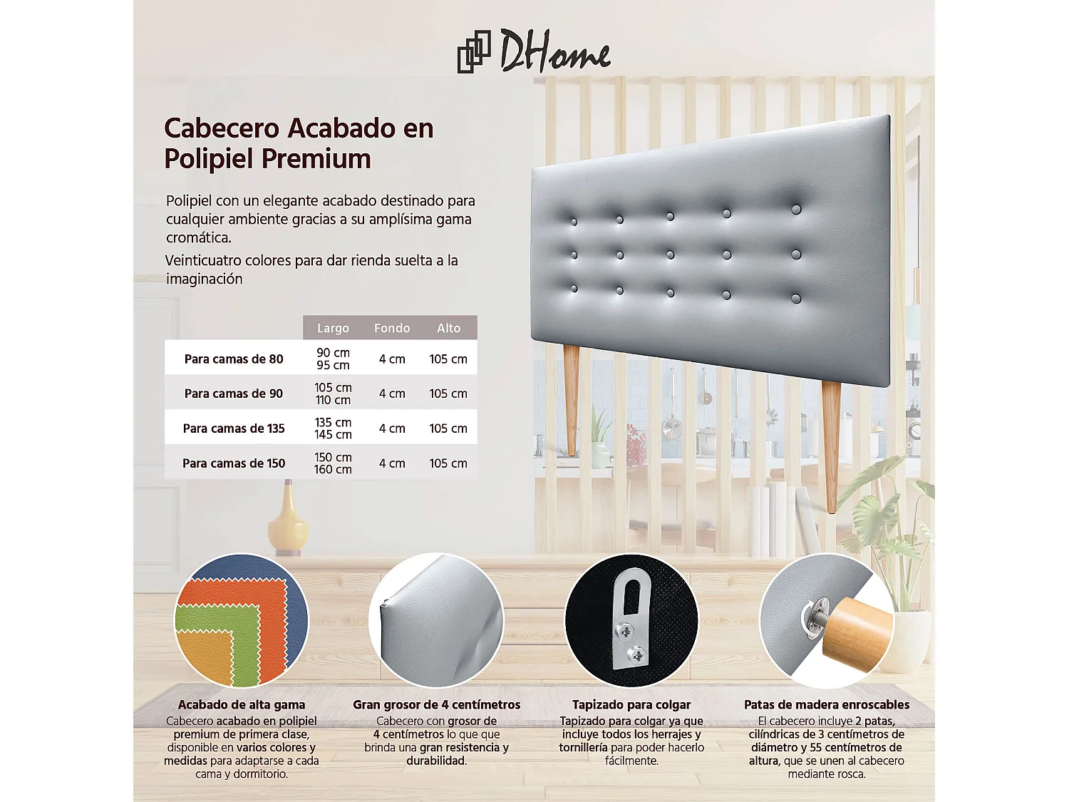 DHOME Testiera in ecopelle con 3 file di bottoni Testiera imbottita per letto di lusso (Argento, 105cm)