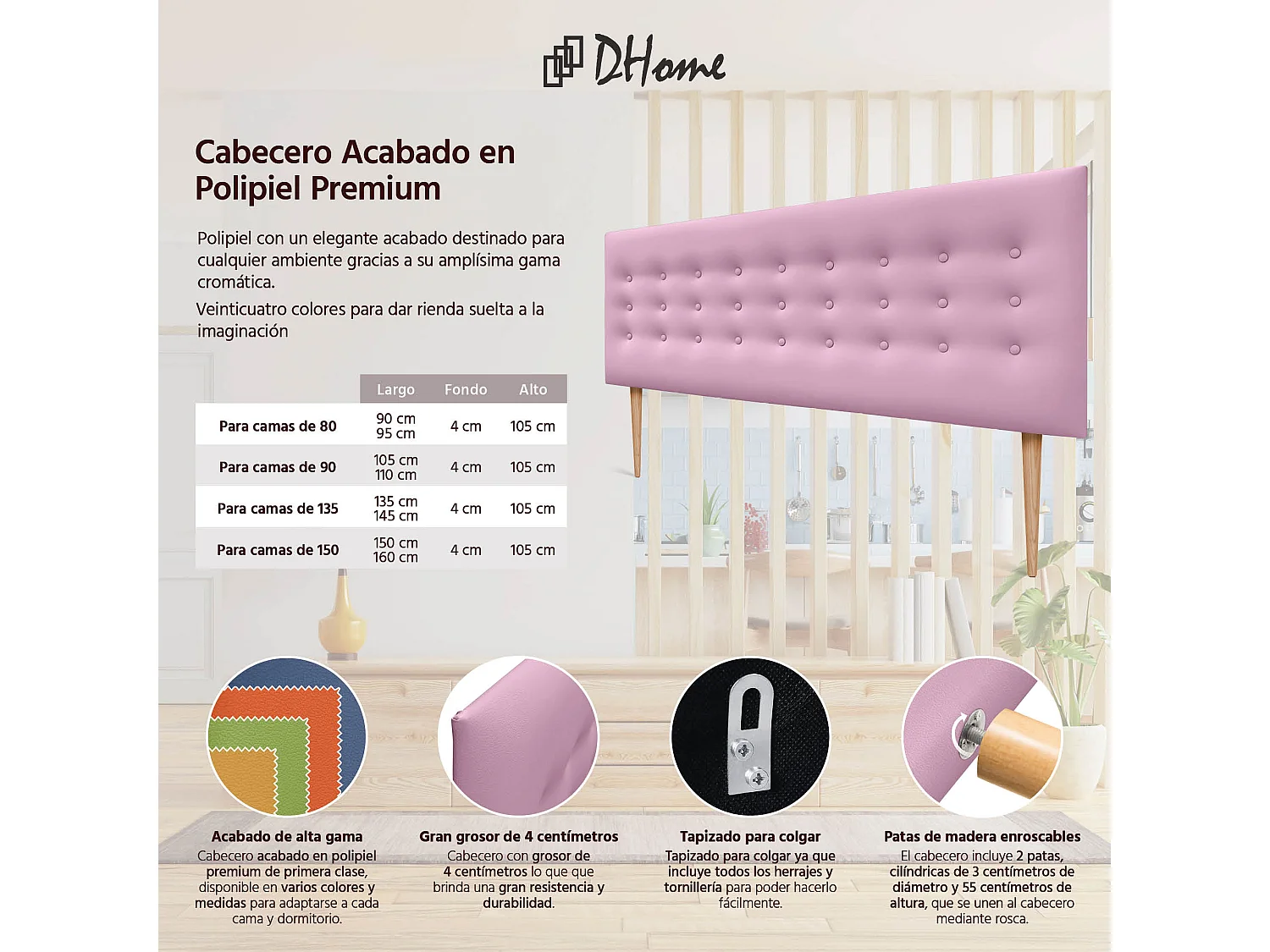 DHOME Hoofdbord de kunstleer met 3 rijen knopen en poten gepolsterd luxe hoofdbord voor bed (Rosa, 150cm)