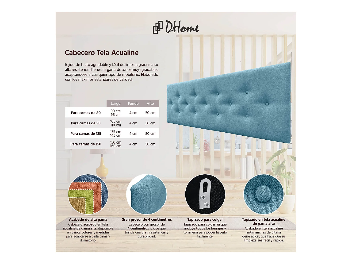 DHOME Tête de Lit en Tissu ACUALINE avec 3 Rangées Entrelacées de Boutons Tête de Lit Capitonnée de Luxe(Turquoise, 145cm)
