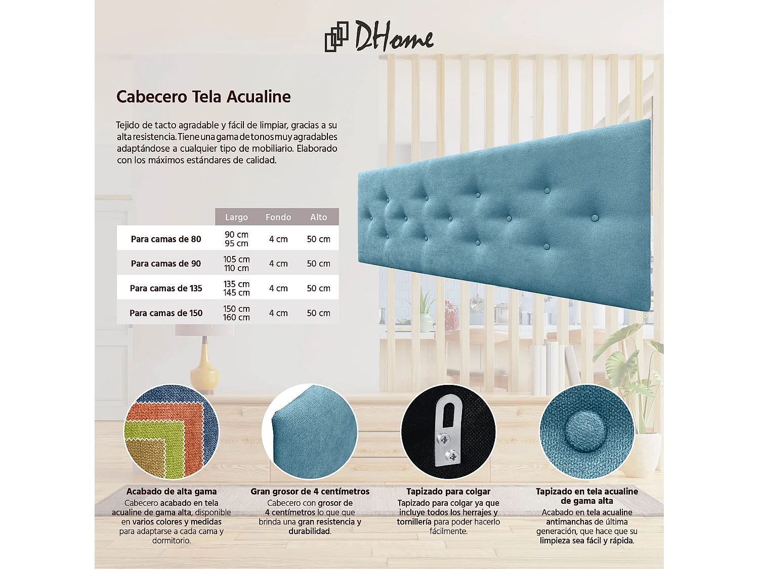 DHOME Tête de Lit en Tissu ACUALINE avec 3 Rangées Entrelacées de Boutons Tête de Lit Capitonnée de Luxe(Turquoise, 145cm)