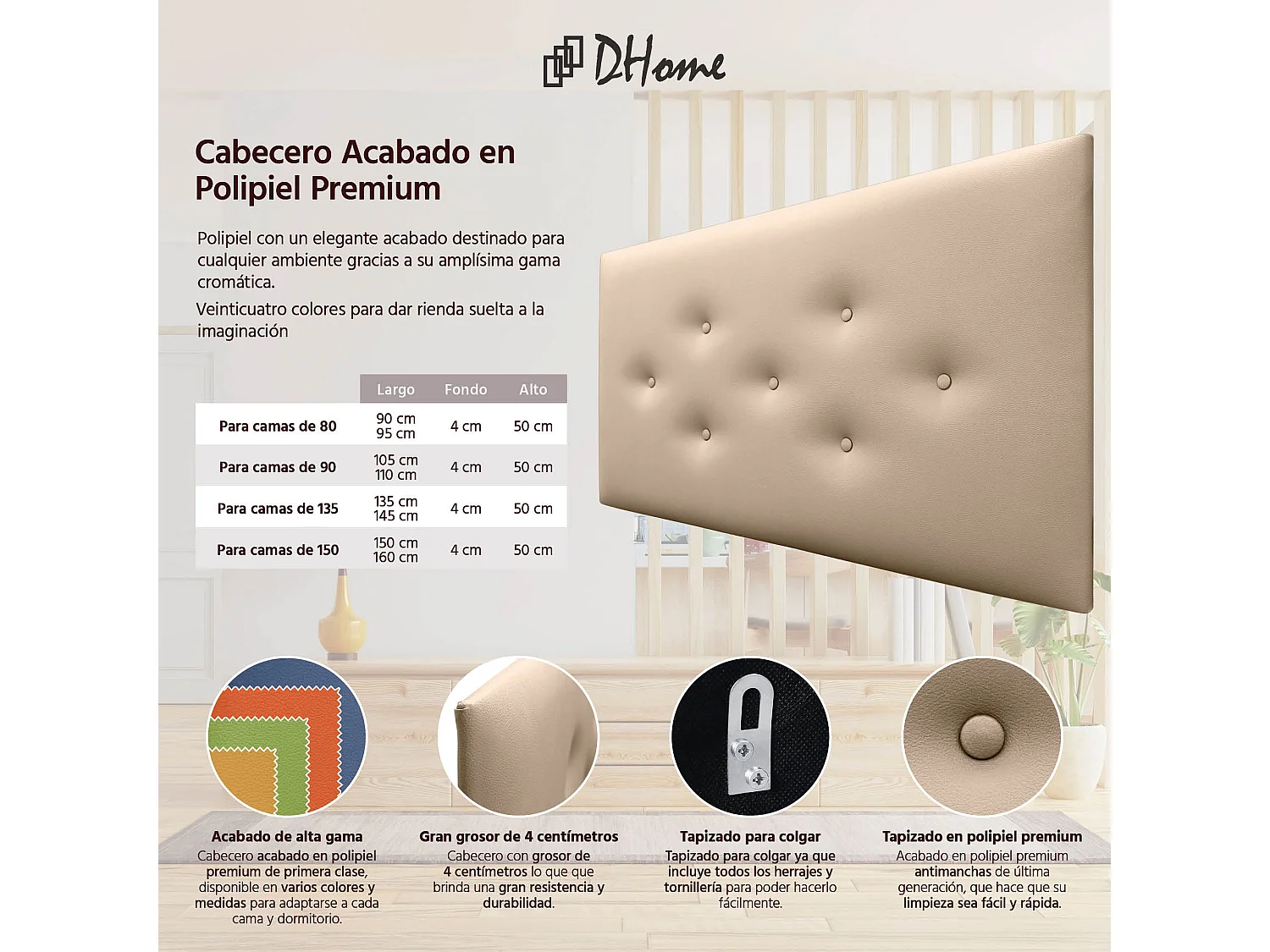 DHOME Tête de Lit en Similicuir avec 3 Rangées de Boutons Entrelacées Tête de Lit Rembourrée de Luxe (Champagne, 105cm)